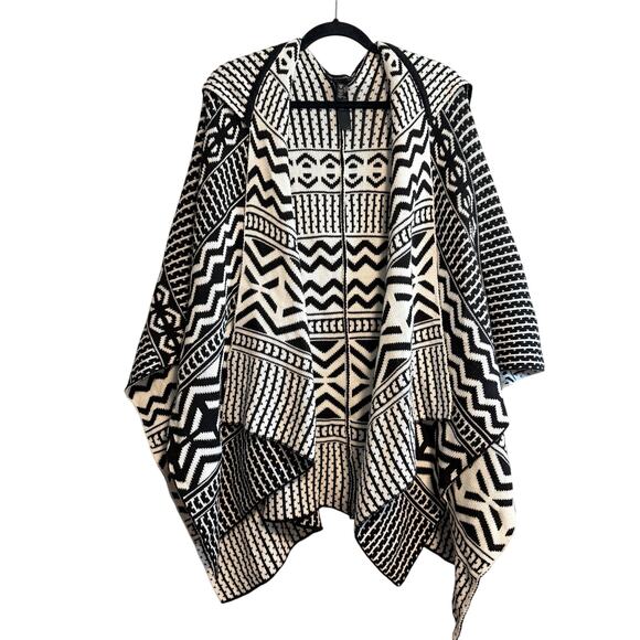 White House Black Market Sweaters - White House Black Market Boho Geo Hooded Knit Poncho Black White Size XSP/SP